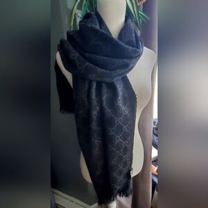 Gucci Black And Grey Monogram Fringe Wrap Scarf